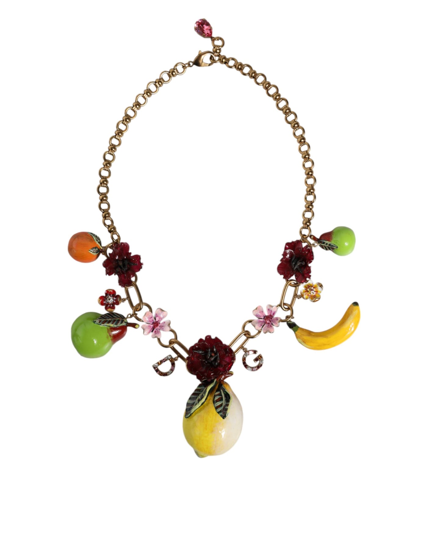 Dolce &amp; Gabbana Gouden Messing FRUIT Hangers Bloemen Kristal Logo Ketting