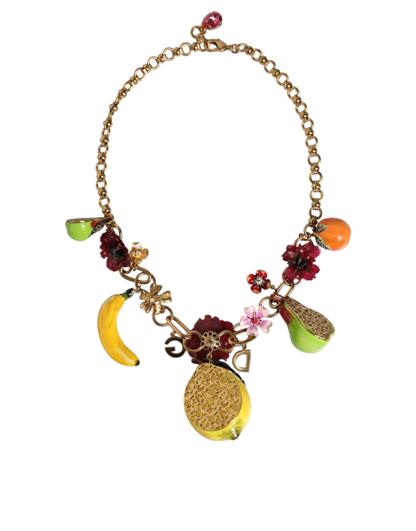Dolce &amp; Gabbana Gouden Messing FRUIT Hangers Bloemen Kristal Logo Ketting