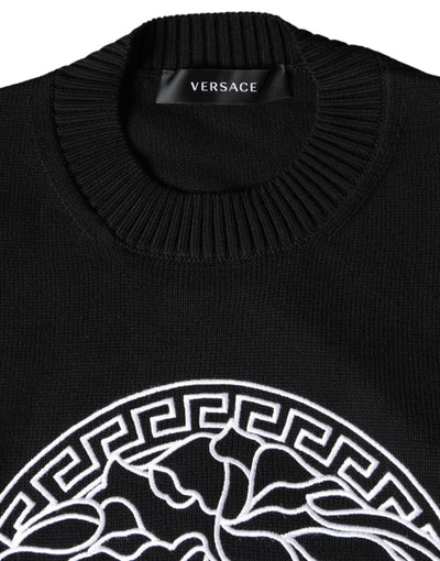 Pull ras du cou noir brodé Medusa de Versace