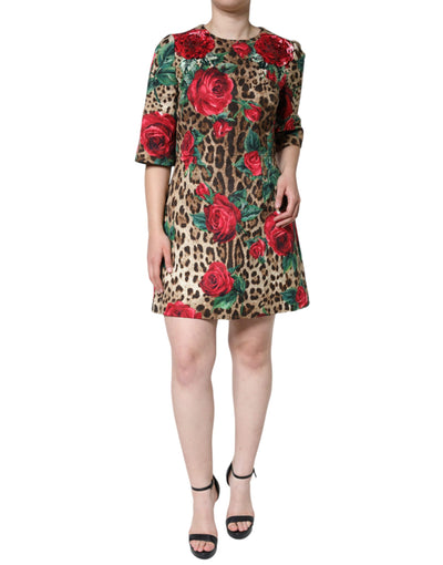 Dolce &amp; Gabbana Bruine Luipaard Rode Rozen Katoenen A-lijn Jurk
