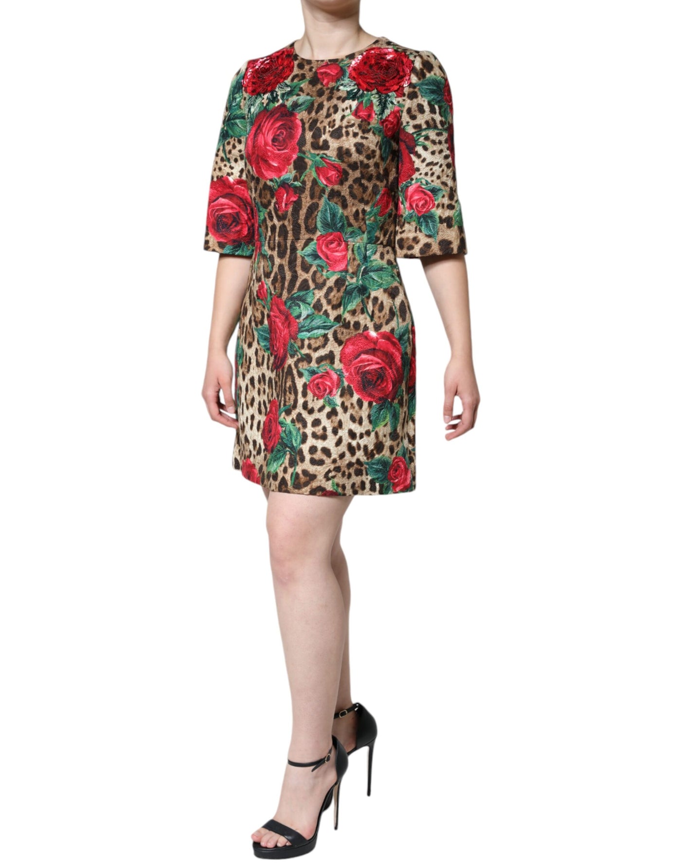 Dolce &amp; Gabbana Bruine Luipaard Rode Rozen Katoenen A-lijn Jurk