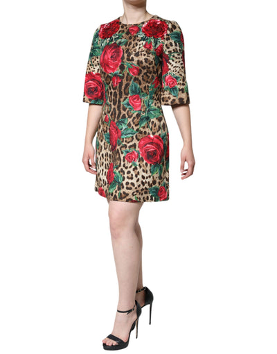 Dolce &amp; Gabbana Bruine Luipaard Rode Rozen Katoenen A-lijn Jurk