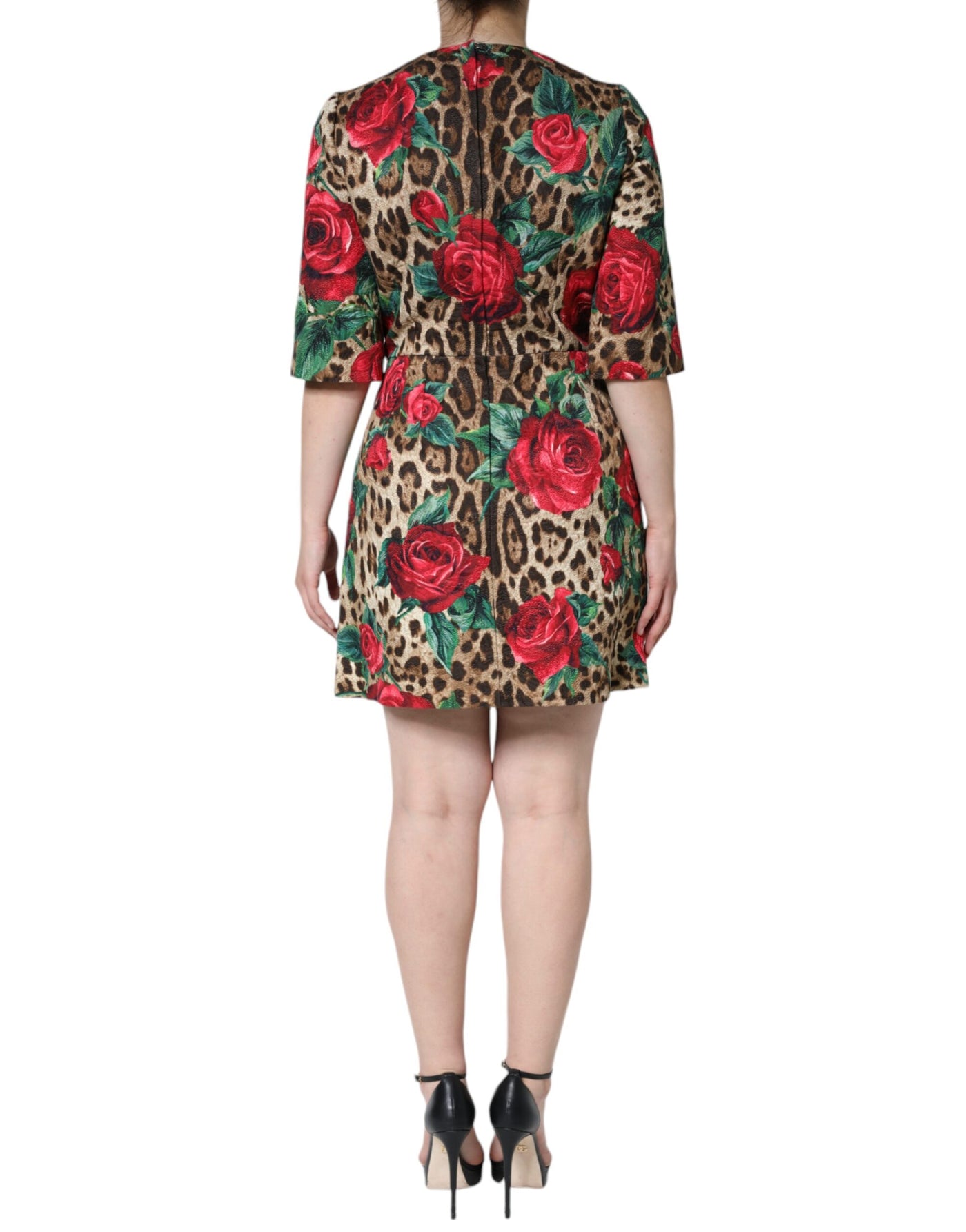 Dolce &amp; Gabbana Bruine Luipaard Rode Rozen Katoenen A-lijn Jurk