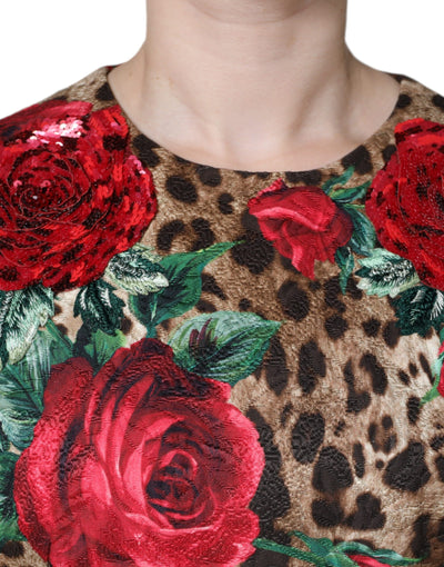 Dolce &amp; Gabbana Bruine Luipaard Rode Rozen Katoenen A-lijn Jurk