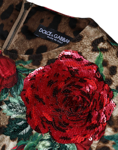 Dolce &amp; Gabbana Bruine Luipaard Rode Rozen Katoenen A-lijn Jurk