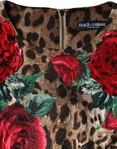 Dolce &amp; Gabbana Bruine Luipaard Rode Rozen Katoenen A-lijn Jurk