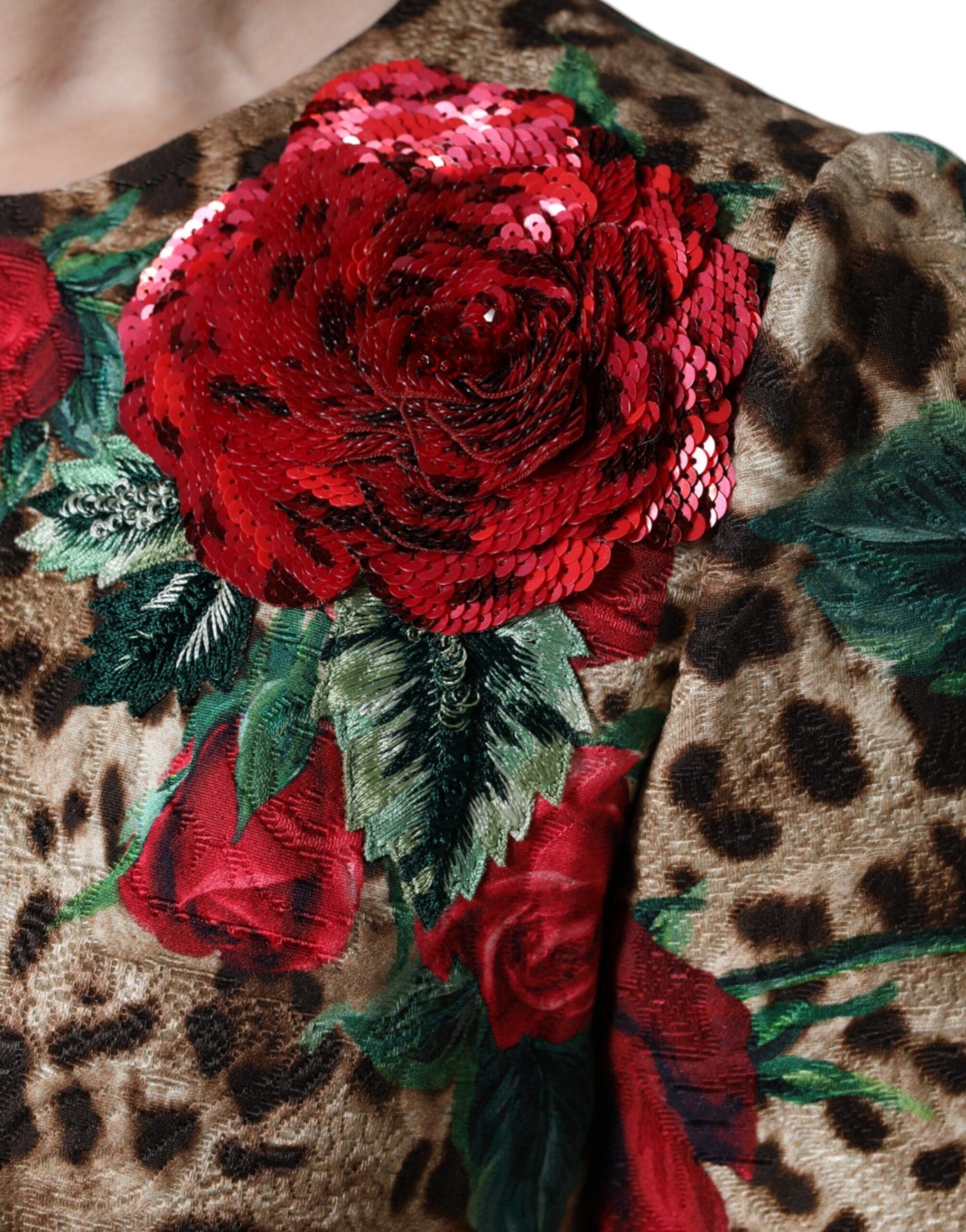Dolce &amp; Gabbana Bruine Luipaard Rode Rozen Katoenen A-lijn Jurk