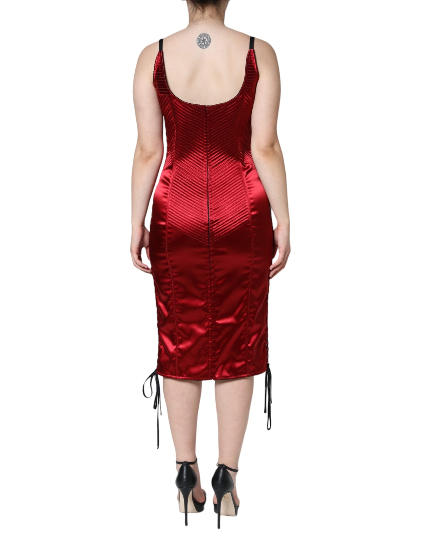 Robe mi-longue moulante en dentelle rouge style bustier Dolce &amp; Gabbana
