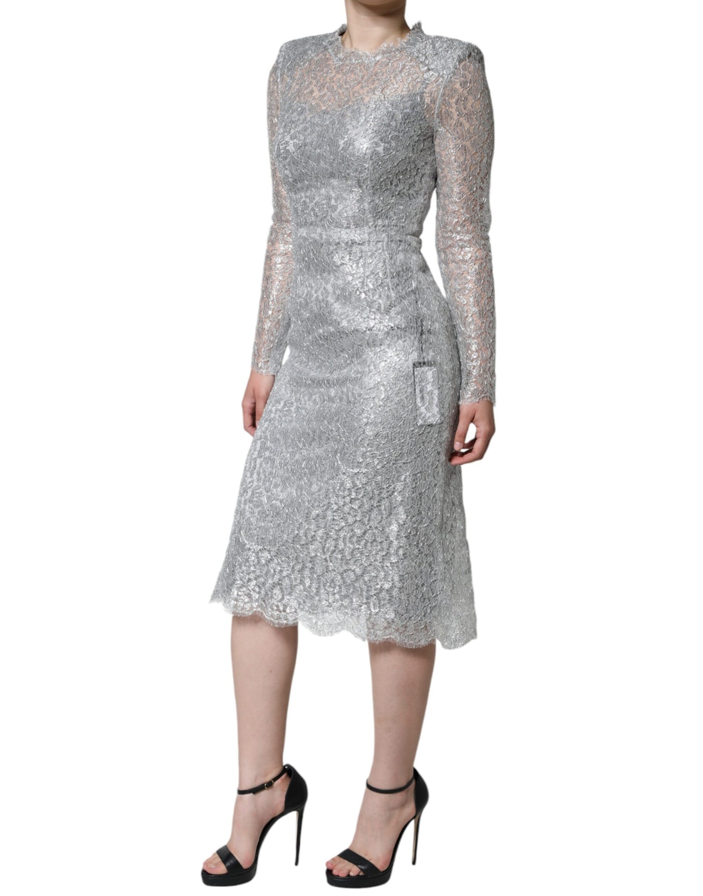 Robe fourreau mi-longue moulante en dentelle florale argentée Dolce &amp; Gabbana