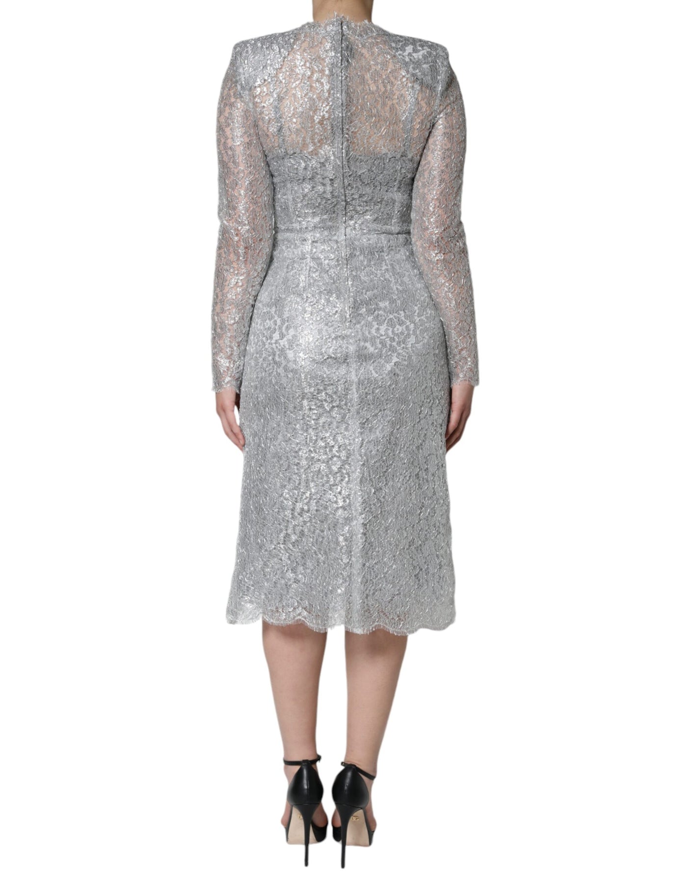 Robe fourreau mi-longue moulante en dentelle florale argentée Dolce &amp; Gabbana