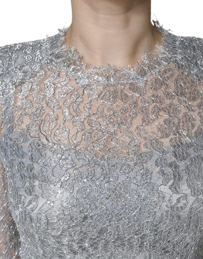 Robe fourreau mi-longue moulante en dentelle florale argentée Dolce &amp; Gabbana