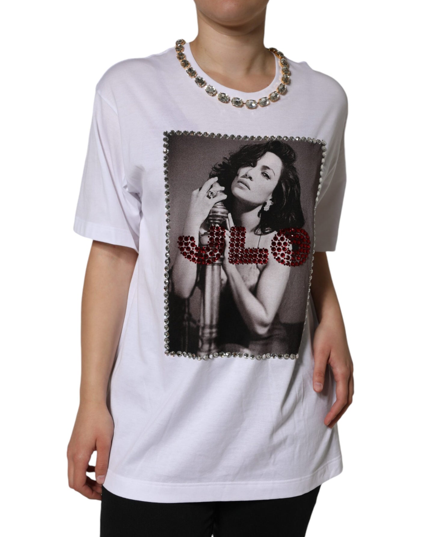Dolce &amp; Gabbana Wit T-shirt met kristallen halslijn en print