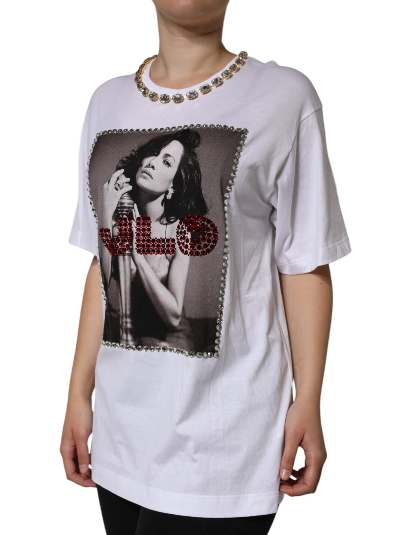 Dolce &amp; Gabbana Wit T-shirt met kristallen halslijn en print