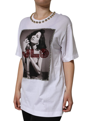 Dolce &amp; Gabbana Wit T-shirt met kristallen halslijn en print