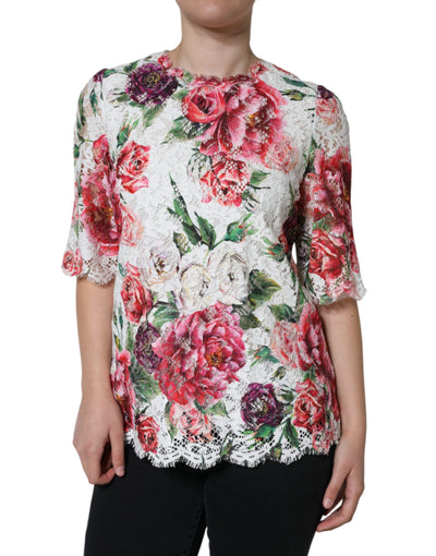 Dolce &amp; Gabbana Witte Pioen Kanten Blouse Top met Korte Mouwen