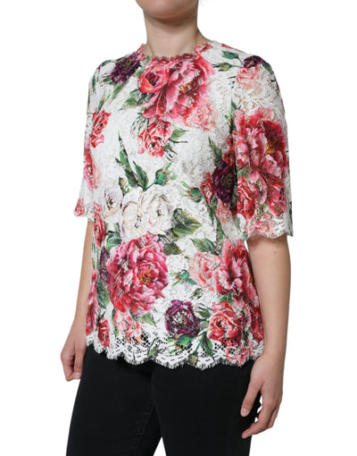 Dolce &amp; Gabbana Witte Pioen Kanten Blouse Top met Korte Mouwen