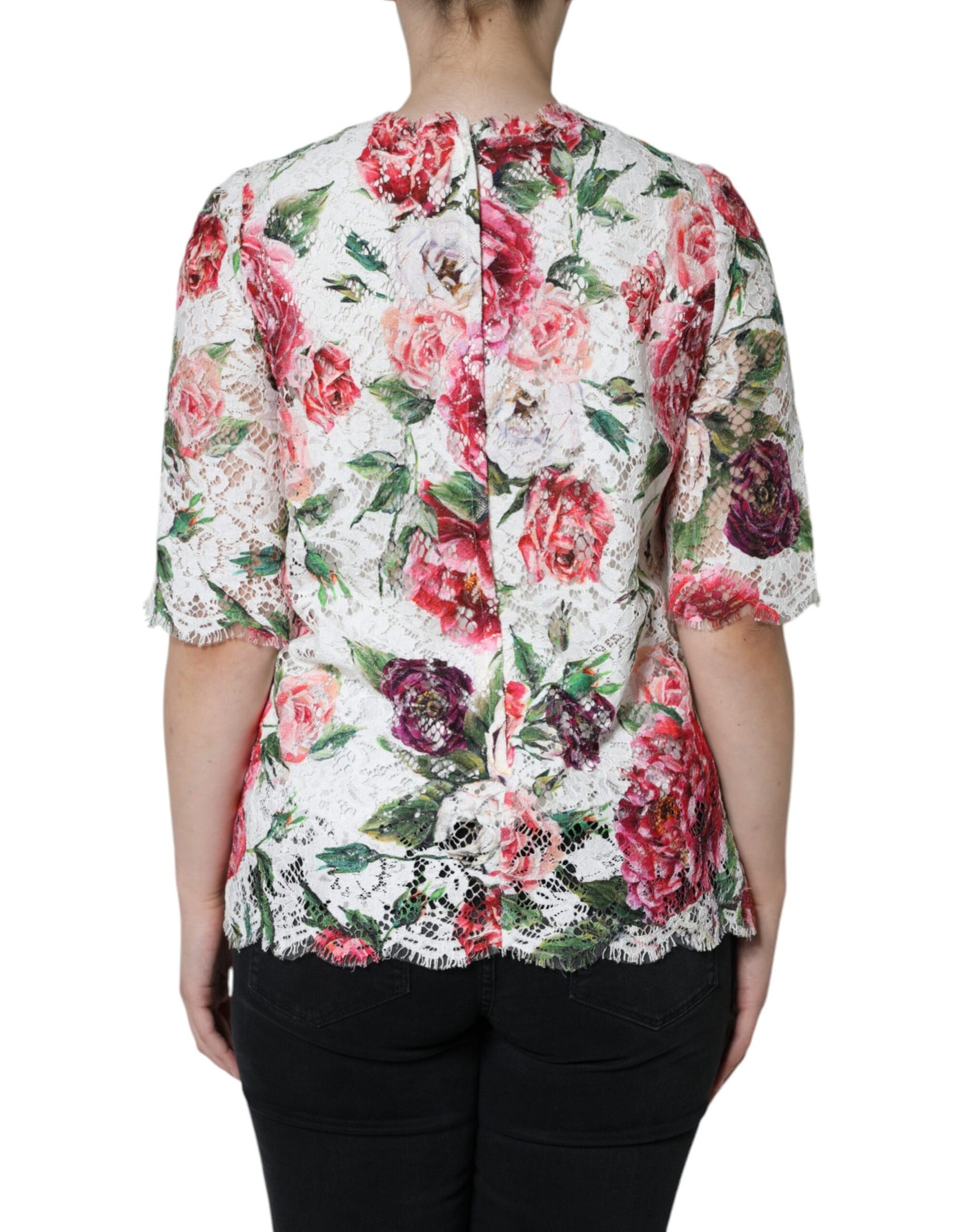 Dolce &amp; Gabbana Witte Pioen Kanten Blouse Top met Korte Mouwen