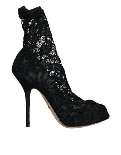 Chaussures à talons mi-mollet extensibles en dentelle noire Dolce &amp; Gabbana