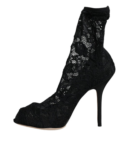 Chaussures à talons mi-mollet extensibles en dentelle noire Dolce &amp; Gabbana