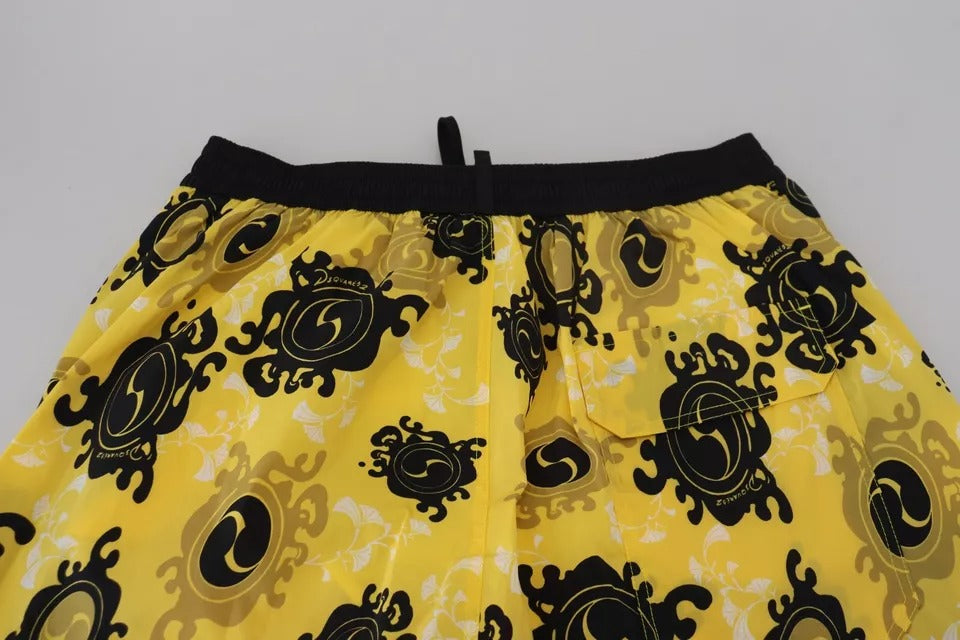 Dsquared² Geel Zwart Bedrukt Nylon Strandkleding Shorts Badmode