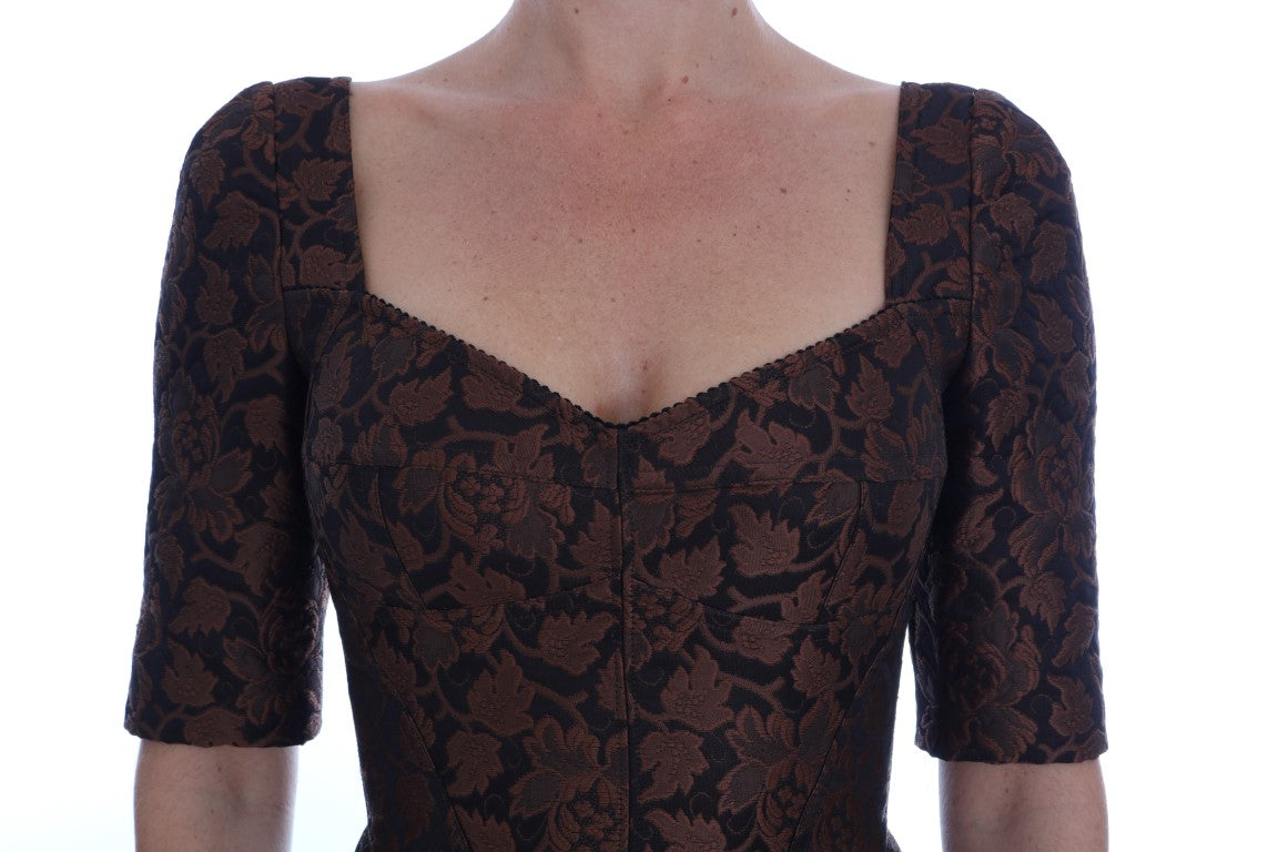Robe trapèze en brocart floral noir et marron Dolce &amp; Gabbana