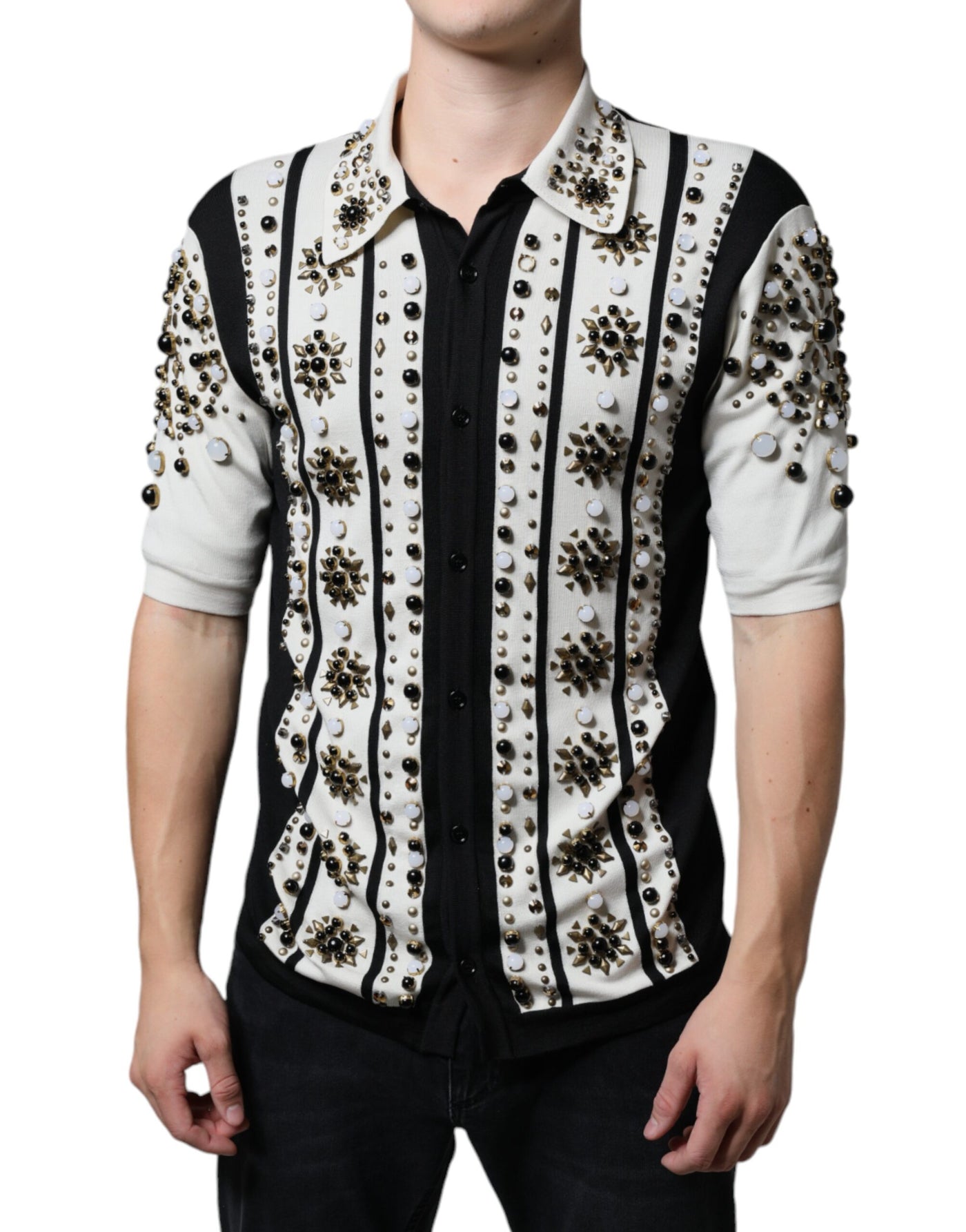 Dolce &amp; Gabbana Wit Zwart Zijden Shirt met Studs en Kristallen