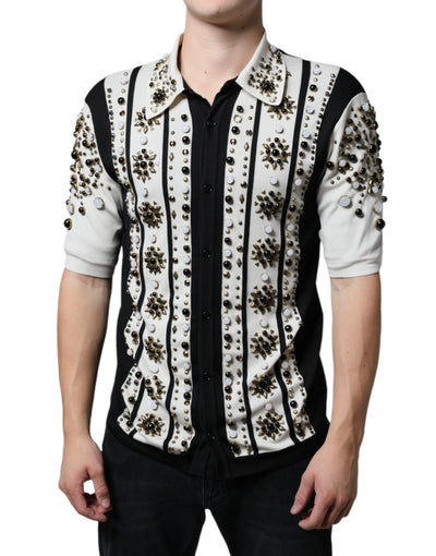 Dolce &amp; Gabbana Wit Zwart Zijden Shirt met Studs en Kristallen