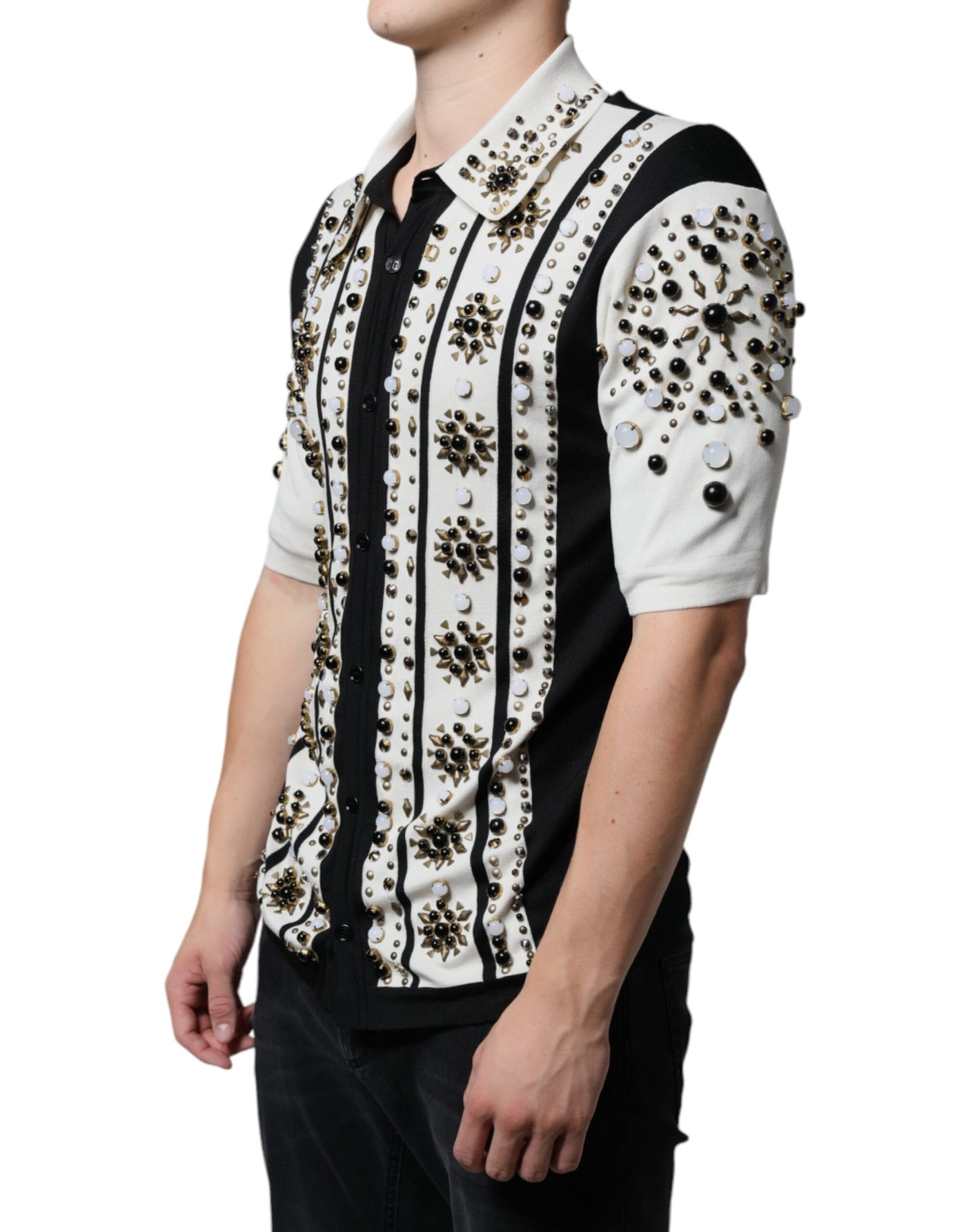 Dolce &amp; Gabbana Wit Zwart Zijden Shirt met Studs en Kristallen