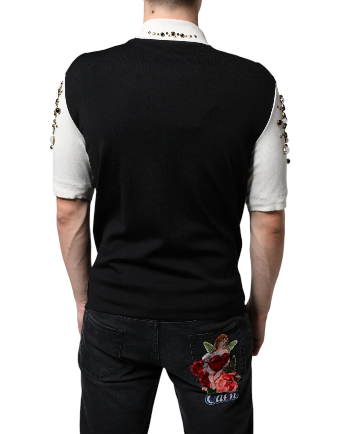 Dolce &amp; Gabbana Wit Zwart Zijden Shirt met Studs en Kristallen