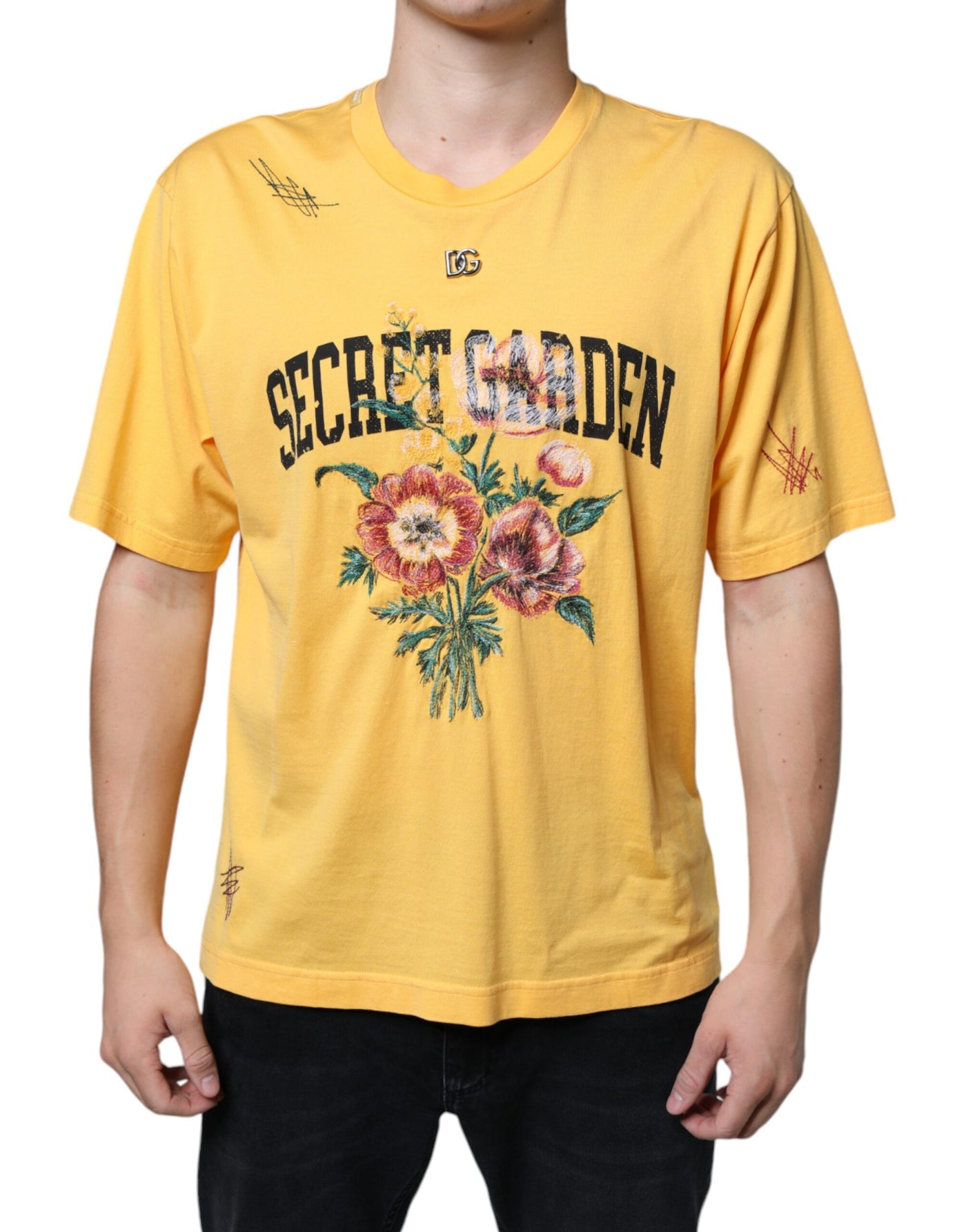 T-shirt ras du cou en coton à fleurs jaunes Dolce &amp; Gabbana Secret Garden