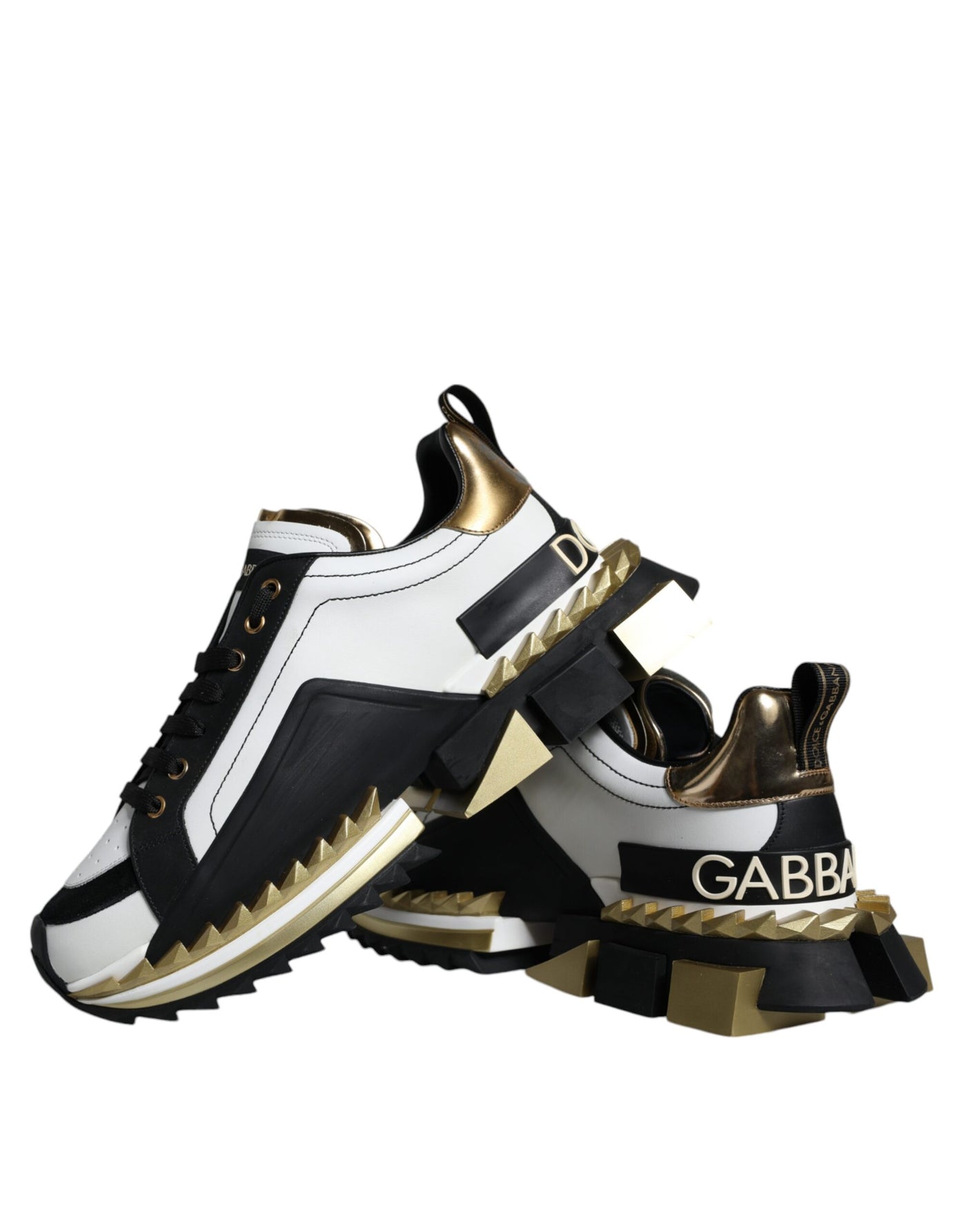 Dolce &amp; Gabbana Wit Goud Zwart Leren SUPER KING Sneakers Schoenen