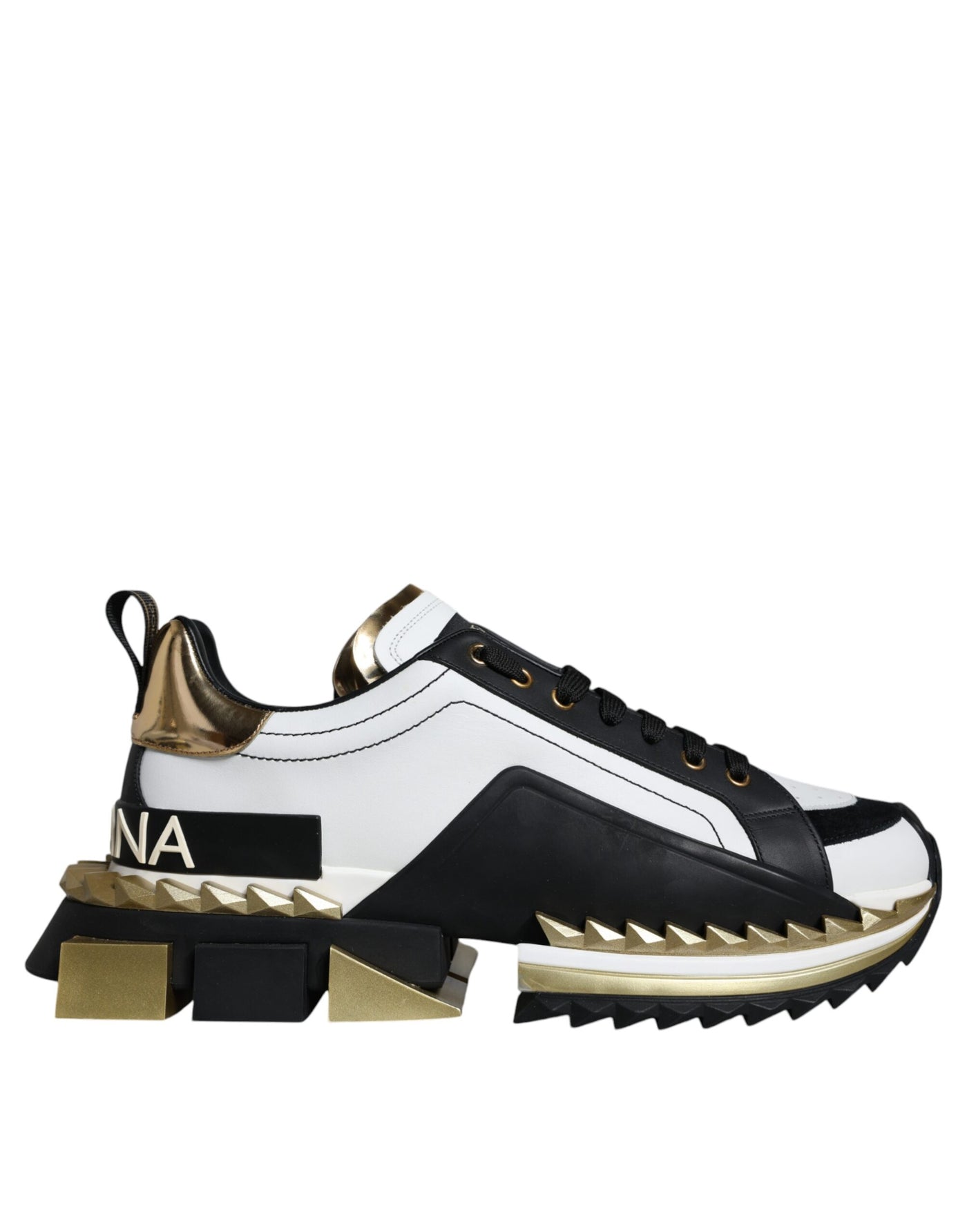 Dolce &amp; Gabbana Wit Goud Zwart Leren SUPER KING Sneakers Schoenen