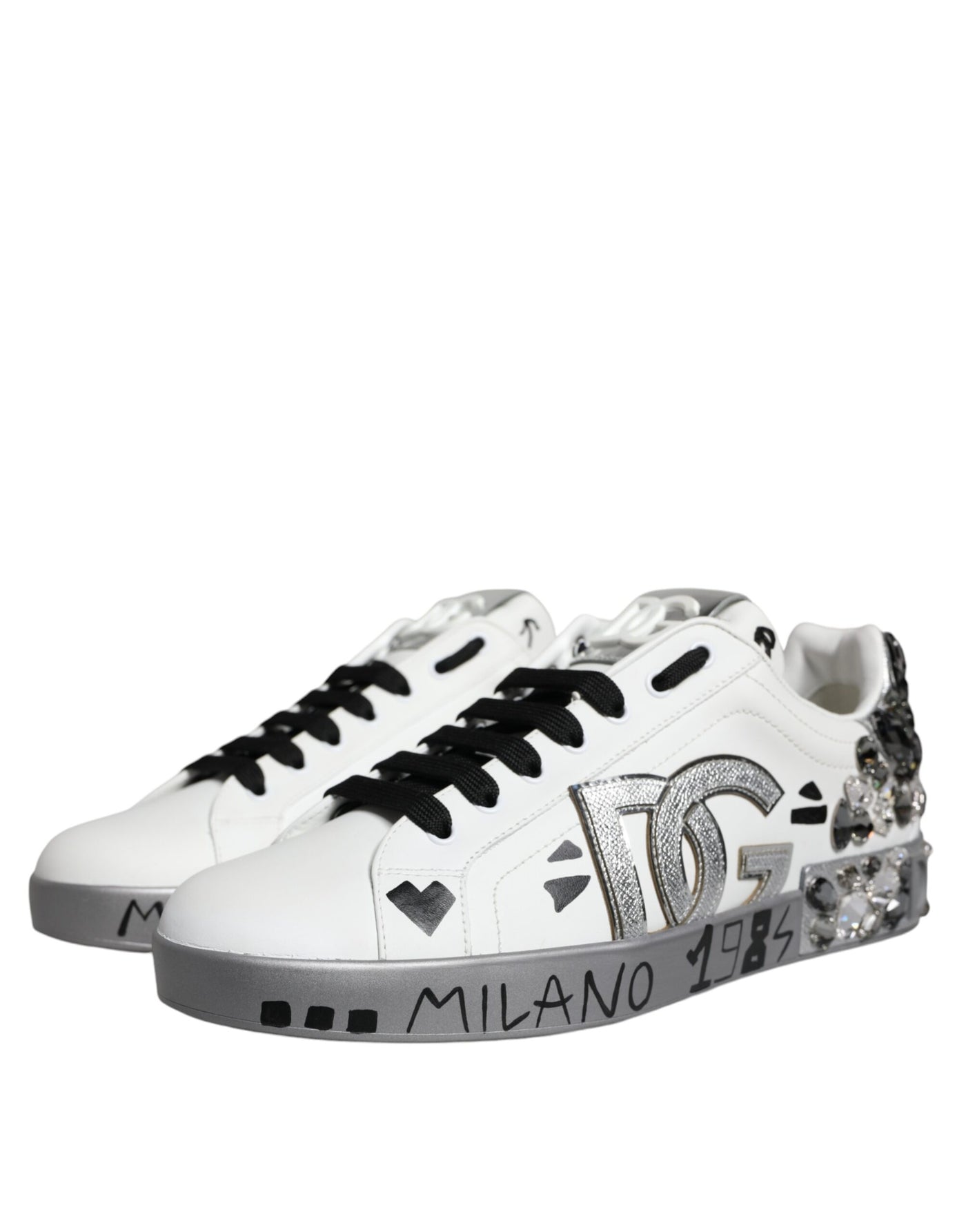 Dolce &amp; Gabbana Wit Zilver Crystal Logo Portofino Sneakers Schoenen