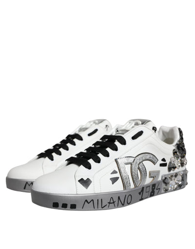 Dolce &amp; Gabbana Wit Zilver Crystal Logo Portofino Sneakers Schoenen