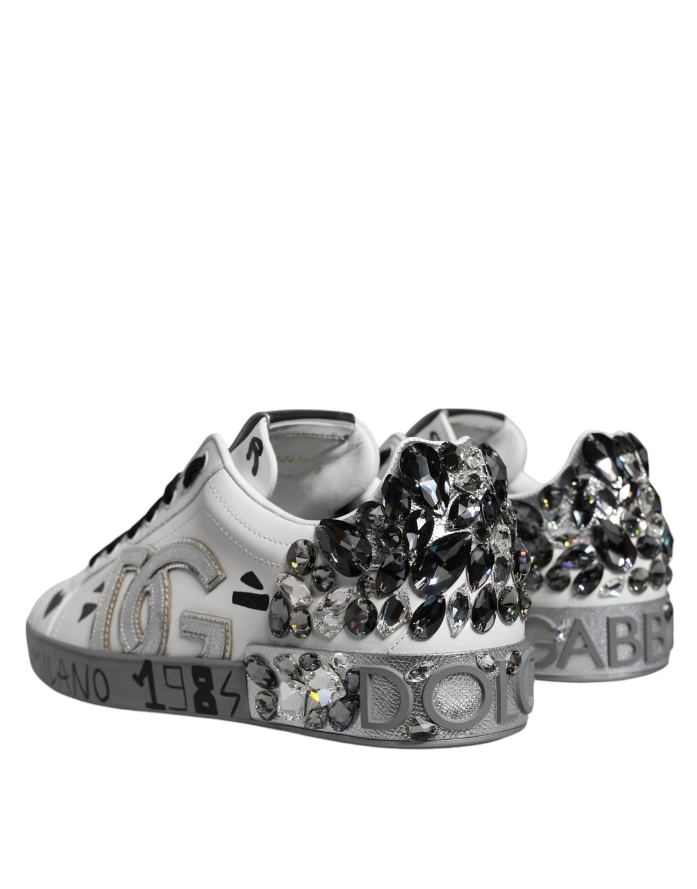 Dolce &amp; Gabbana Wit Zilver Crystal Logo Portofino Sneakers Schoenen