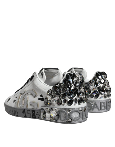 Dolce &amp; Gabbana Wit Zilver Crystal Logo Portofino Sneakers Schoenen