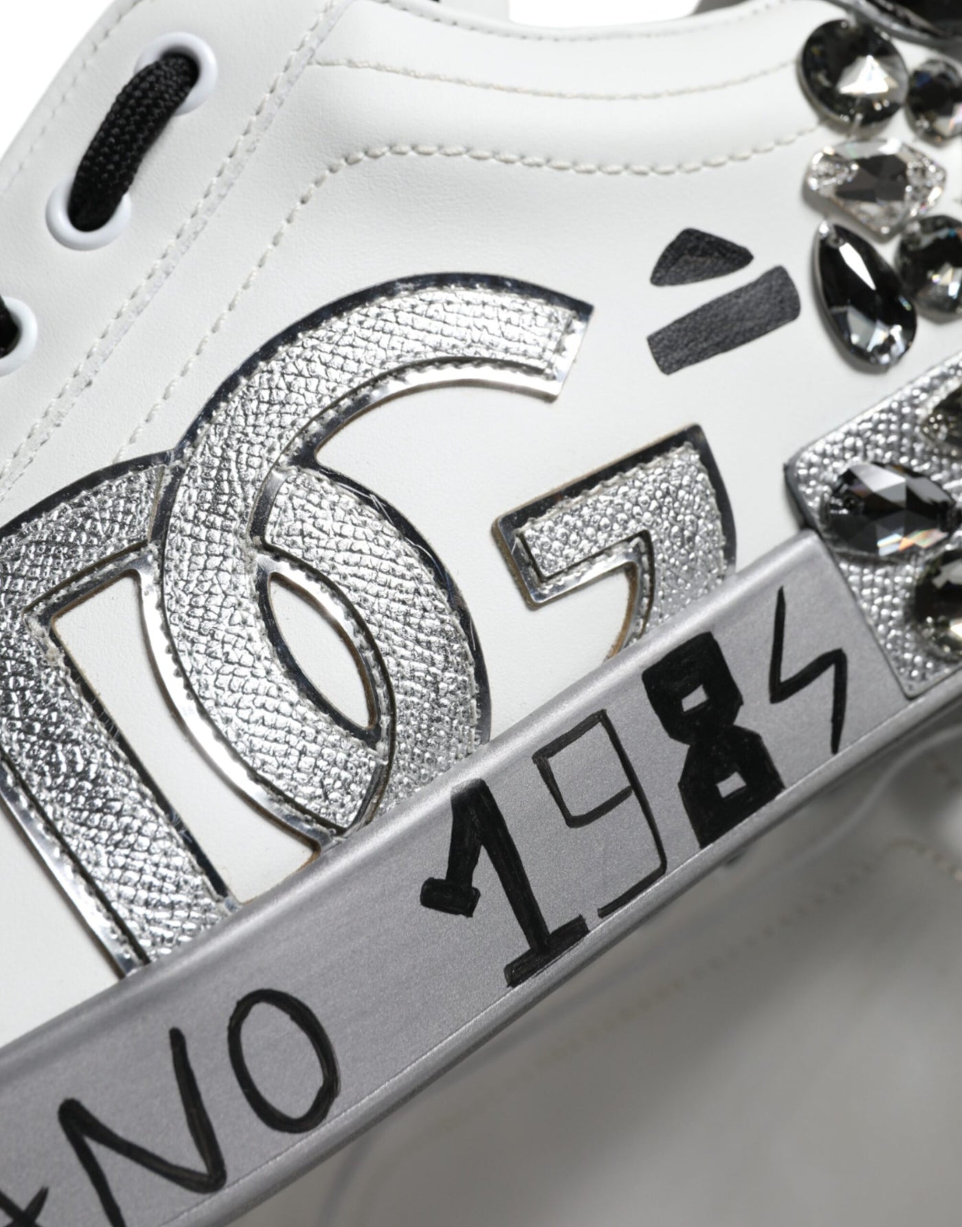 Dolce &amp; Gabbana Wit Zilver Crystal Logo Portofino Sneakers Schoenen