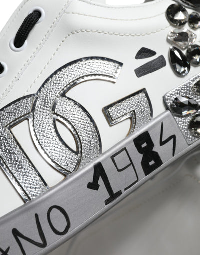 Dolce &amp; Gabbana Wit Zilver Crystal Logo Portofino Sneakers Schoenen
