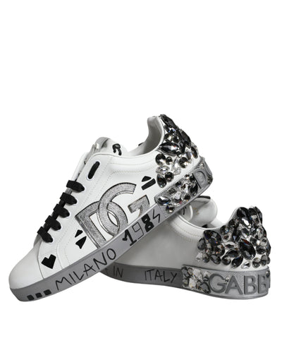 Dolce &amp; Gabbana Wit Zilver Crystal Logo Portofino Sneakers Schoenen