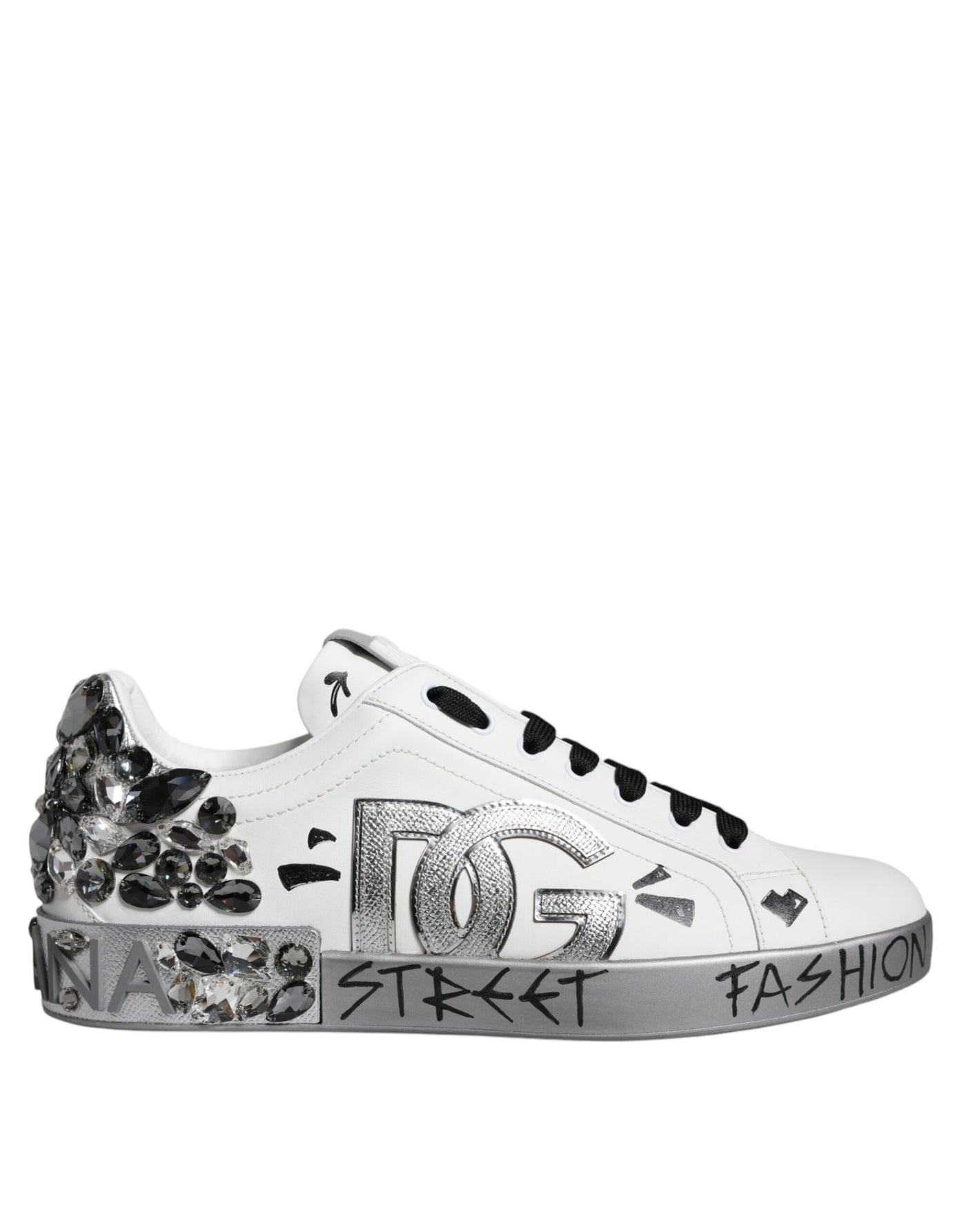 Dolce &amp; Gabbana Wit Zilver Crystal Logo Portofino Sneakers Schoenen