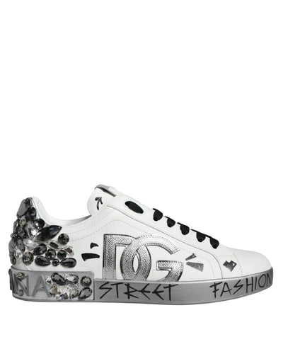 Dolce &amp; Gabbana Wit Zilver Crystal Logo Portofino Sneakers Schoenen