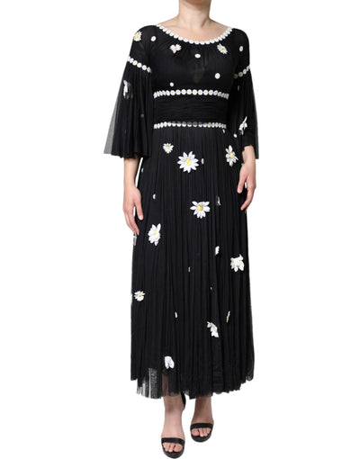 Dolce &amp; Gabbana Zwarte Zijden Daisy A-lijn Lange Maxi-jurk