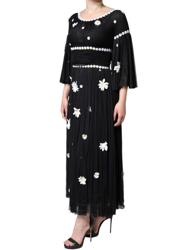 Dolce &amp; Gabbana Zwarte Zijden Daisy A-lijn Lange Maxi-jurk