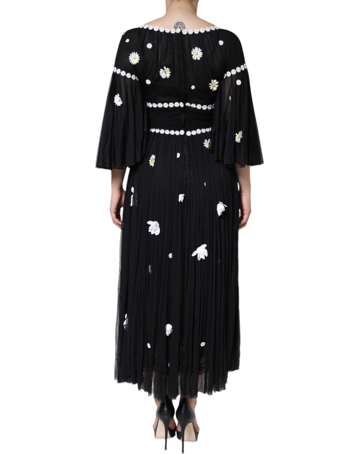 Dolce &amp; Gabbana Zwarte Zijden Daisy A-lijn Lange Maxi-jurk