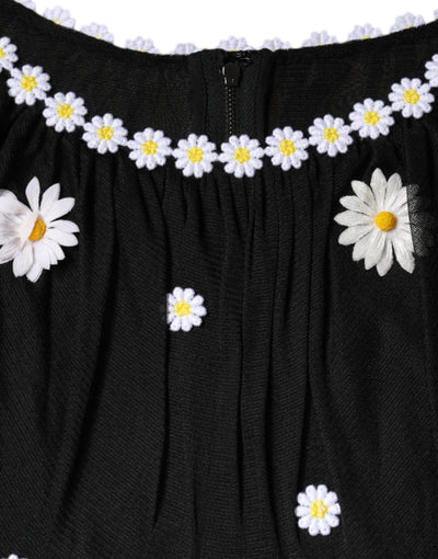 Dolce &amp; Gabbana Zwarte Zijden Daisy A-lijn Lange Maxi-jurk