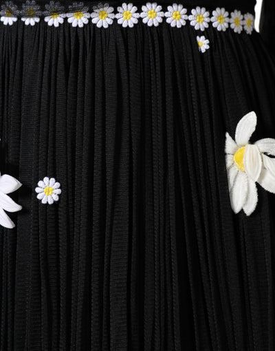 Dolce &amp; Gabbana Zwarte Zijden Daisy A-lijn Lange Maxi-jurk