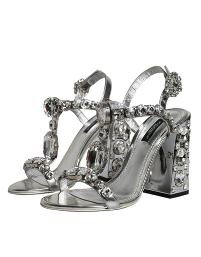 Dolce &amp; Gabbana zilveren leren T-band sandalen met kristal