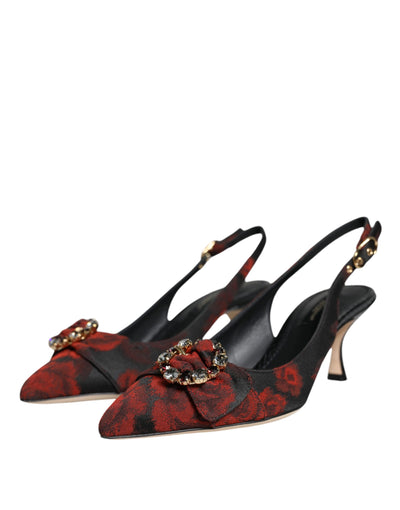 Dolce &amp; Gabbana zwarte rode bloemenkristallen hak slingback schoenen