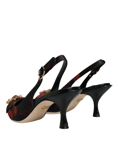Dolce &amp; Gabbana zwarte rode bloemenkristallen hak slingback schoenen