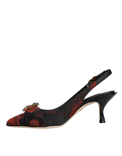 Dolce &amp; Gabbana zwarte rode bloemenkristallen hak slingback schoenen